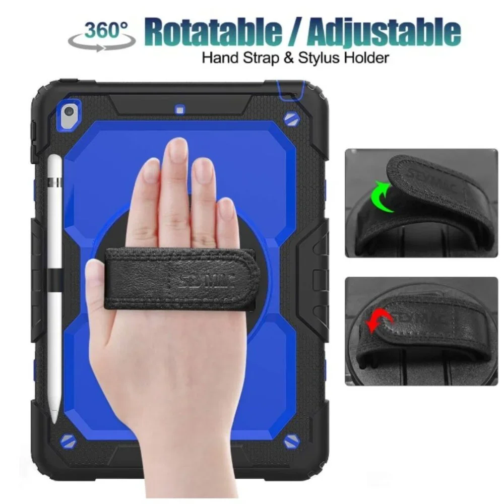 Shockproof iPad Case, Screen Protector, Pencil Holder, 360° Rotating Hand Stand